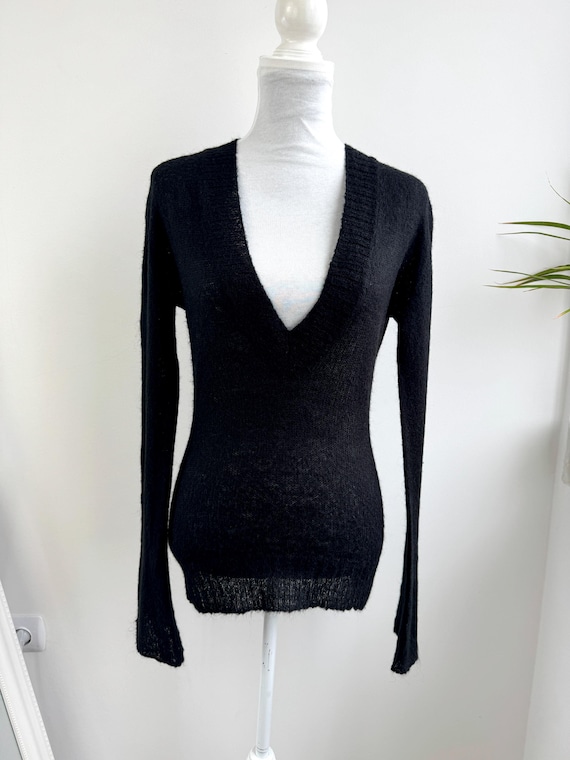 Vintage Italian Black Mohair Sweater, Deep V Neck Pullover, Fuzzy Knit Long Sleeve Jumper, Grunge Fairycore Top, Minimalist 90s Knitwear