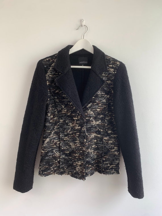 Black Tweed Blazer for Women Size M, Vintage 90s Fitted Cropped Wool Coat, Black Grey Brown Beige Short Autumn Jacket, Fuzzy Wool Blazer