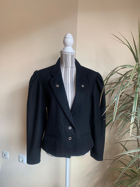 Vintage 80s Tyrollean Black Wool Blazer for Women Size 40 L, Wide Shoulder Puff Sleeve Bavarian Cropped Woollen Coat, Austrian Dirndl Jacket