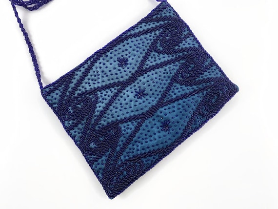 Vintage Cobalt Blue Satin Cocktail Bag, Beaded Purse With Glass Seed and Tube Beads, Flapper Evening Handbag, Embellished Party Clutch,