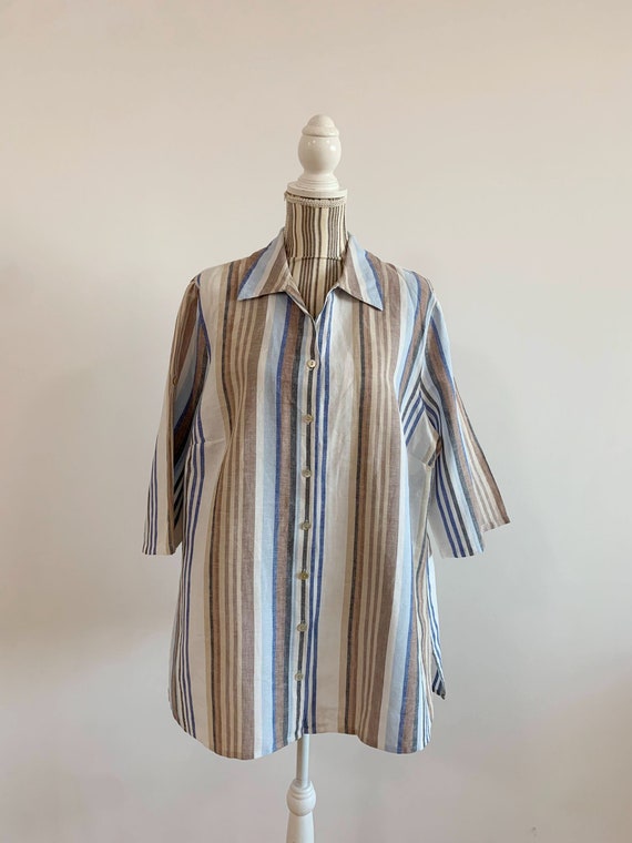 Classic Vintage Oversized Linen Blouse for Women With Side Slits, Striped Collared Button Up Linen Shirt, Short Sleeve Loose Fit Linen Top