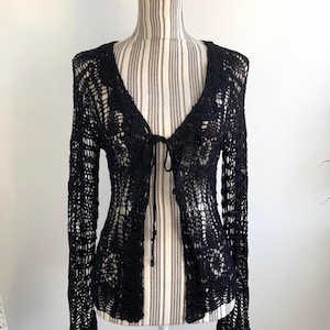 Vintage 90s SAINT TROPEZ Black Crochet Cardigan Size M L, Open