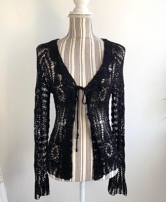 Vintage 90s SAINT TROPEZ Black Crochet Cardigan Size M L, Open