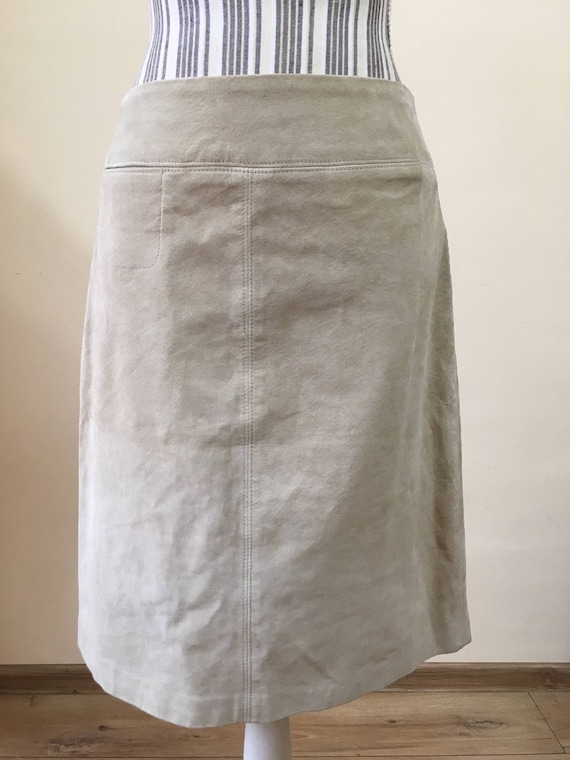 Tan Beige Suede Leather Skirt for Women by Esprit S, Nude Above the Knee Straight Skirt, Boho Hippie Festival Pencil Skirt, Back Slit Skirt
