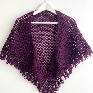 Vintage Small Crochet Shawl Women, Purple Knitted Shawl With Tassels, Boho Triangle Shawl, Lace Knitting Kerchief, Sheer Bohemian Shawlette