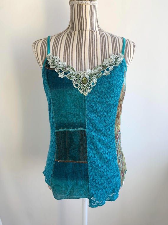 Vintage 90s Y2K Lace Tank Top Size M, Turquoise Blue Asymmetrical Cami Top, Lacey Jewelled Spaghetti Strap Top, Sequin Embellished Lacey Top