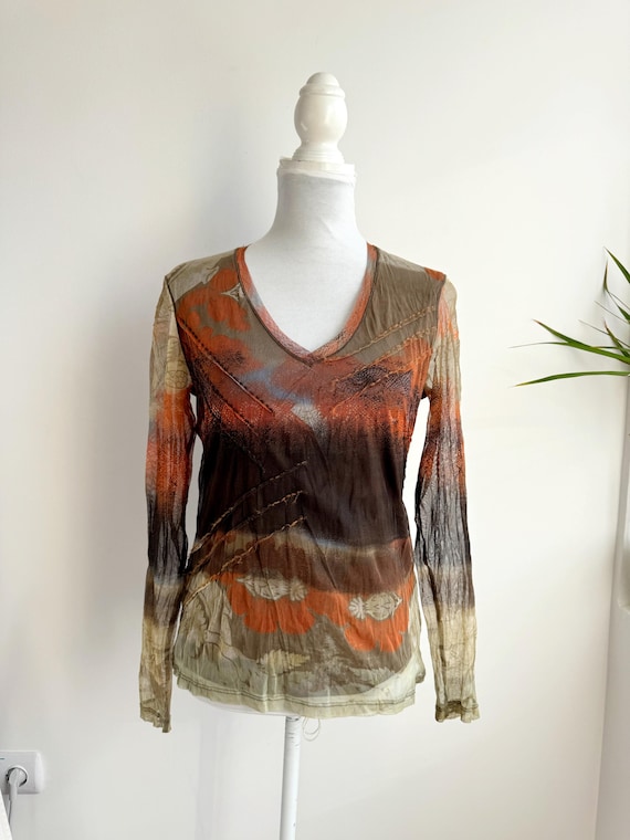 Vintage Marc Aurel Tattoo Style Y2K Mesh Top Size M, 90s Grunge Sheer Stretch Long Sleeve Blouse, Fairycore Whimsigoth Abstract Art Shirt