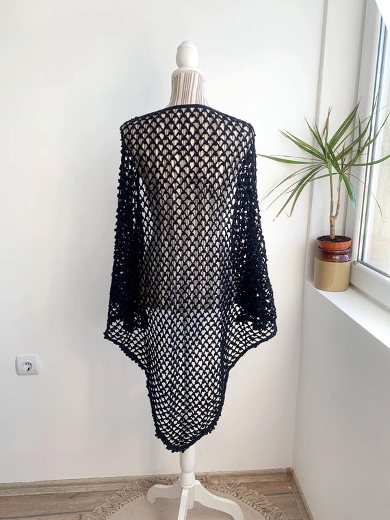 Black Fishnet Lace Crochet Shawl, Vintage Handmade Shoulder Wrap, Openwork Mesh Piano Shawl, Sheer See Through Boho Gypsy Triangle Shawl