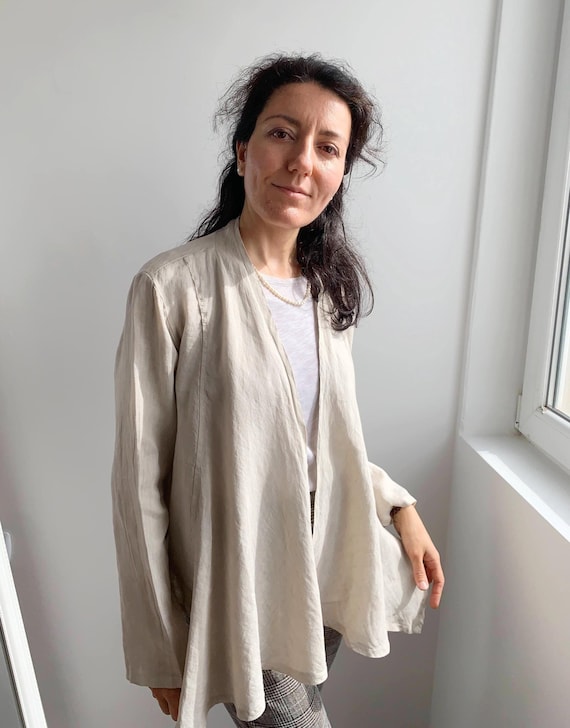 Vintage 90s Summer Linen Kimono Jacket Size S M, Asymmetrical Beige Pure Linen Blazer for Women, Long Sleeve Open Front Cropped Linen Coat