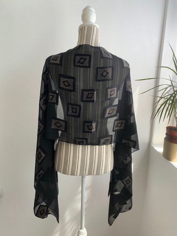 Sheer Black Shawl with Gold Accents, Elegant Chiffon Scarf, Retro Style Evening Shawl Wrap, See Through Mesh Cover Up, Light Tulle Scarf