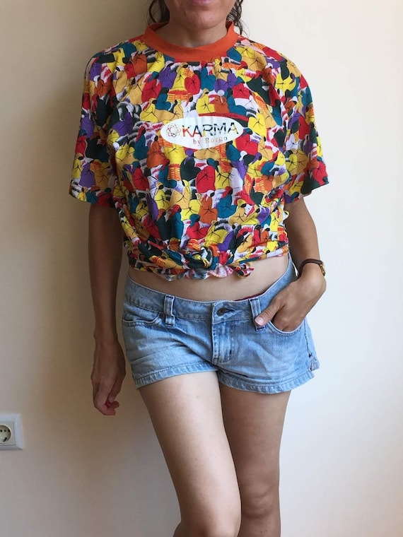 Vintage 90s Cool Abstract Print Tee, Colorful Unisex T-shirt, Womens Oversized T-shirt Size M, Bright Multicolor Tee, Karma Cotton T-shirt