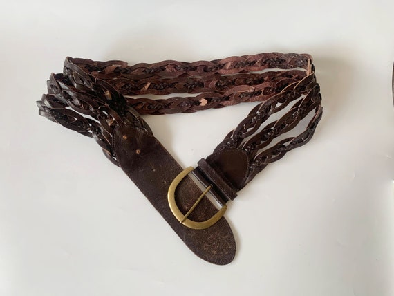 Vintage Real Leather Belt for Women, D Ring Buckle Brown Leather Belt, Boho Woven Leather Belt, Wide Waist Belt, Waist Cincher 37” 95 cm