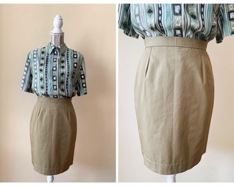 Vintage Khaki Green Safari Skirt Size S M, Knee Length Back Split Pencil Skirt, Minimalist Fitted Cotton Skirt, 80s Office Secretary Skirt