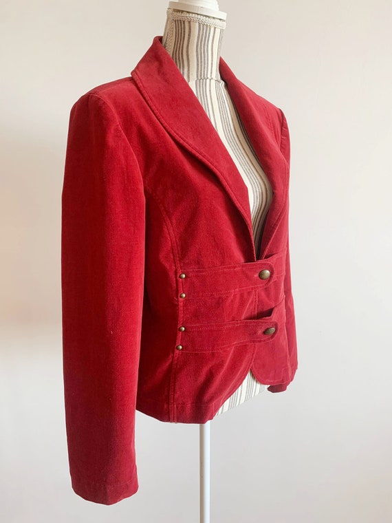 Vintage 90s Red Cotton Velvet Blazer for Women Si… - image 4