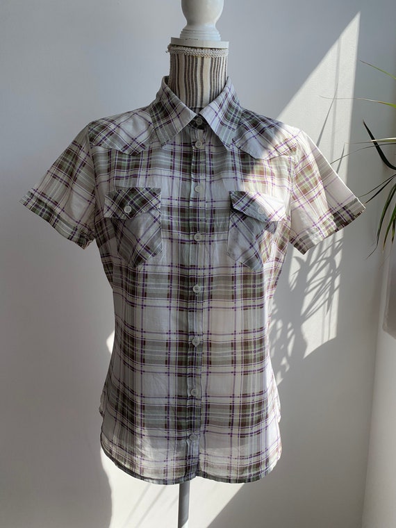 Vintage Benetton Plaid Shirt Short Sleeve Western Style Blouse Purple Green White Tartan Checks Retro 90s Button Down Top Women Size M