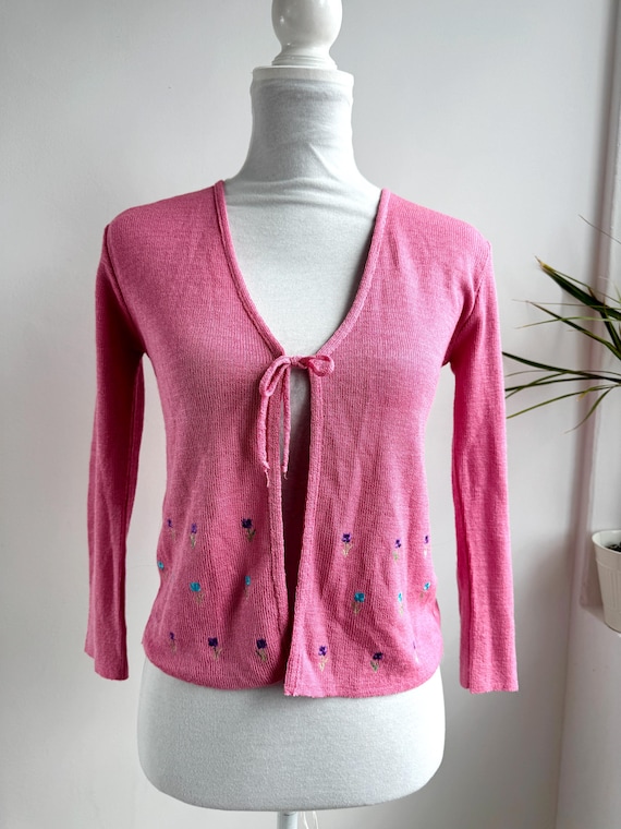 Vintage 90s Pink Tie Front Cardigan, Embroidered Floral Knit Bolero Shrug, Y2K Fairycore Coquette Style Sweater, Made in Italy, Size Medium