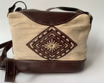 Small Canvas Cross Body Bag for Women, Vintage Tan Beige Bohemian Shoulder Purse with Brown Decoration, Small Crossbody Purse, Boho Handbag