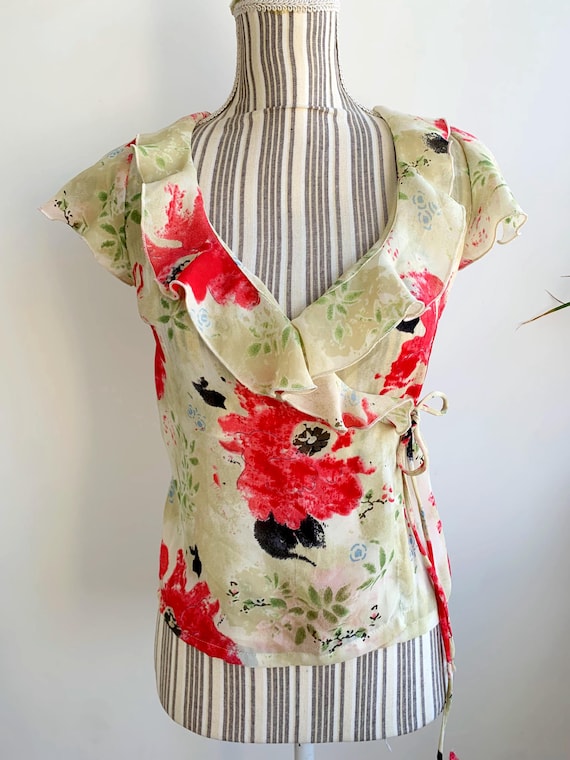 Green Red Poppy Print Blouse Ruffled V Neck Floral Sheer Wrap Top for Women Size XS Vintage 90s Feminine Botanical Cross Over Summer Shirt