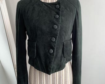 Vintage Y2K Day Birger et Mikkelsen Deep Green Suede Cropped Jacket Size S, Women's Retro Leather Coat with Asymmetrical Button Closure
