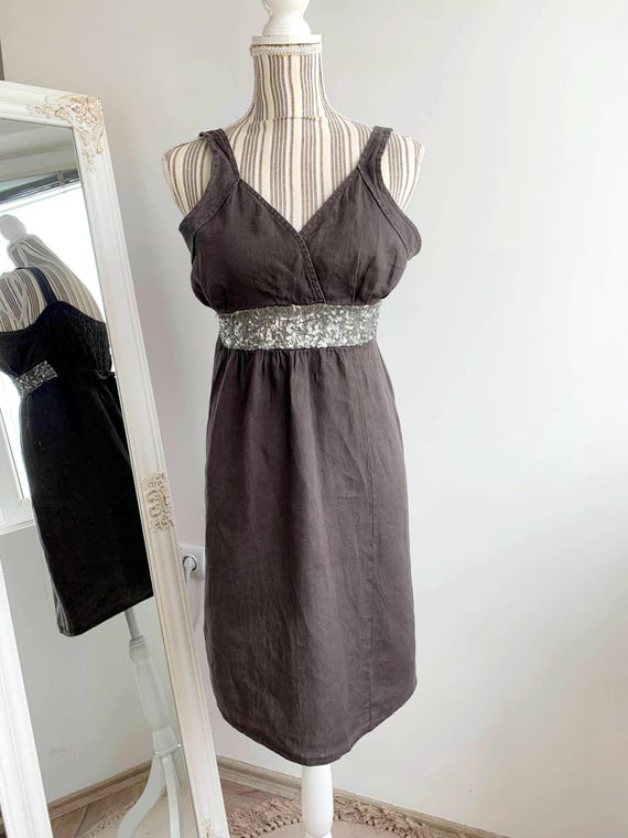 Vintage Y2K Summer Linen Sun Dress Size XL, Taupe Greyish Brown 100% Linen Day Dress, Silver Sequin Panel High Waist Tie Back Jumper Dress