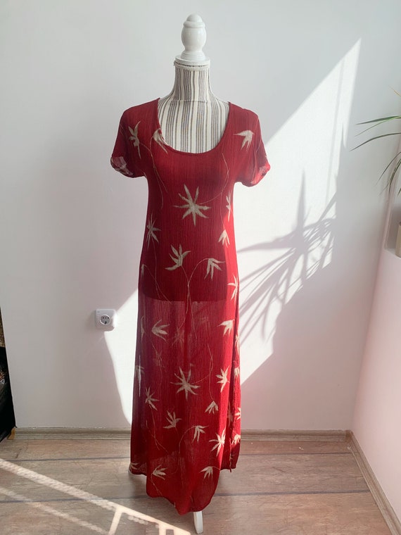 Vintage 90s Red Maxi Dress Size S M, Palm Tree Print Floral Dress, Short Sleeve Boho Sun Dress, Crinkle Summer Dress, Long Grunge Dress