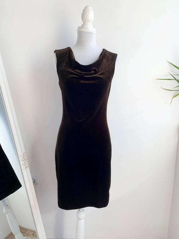 Vintage Nora Farah Brown Vevlet Dress Size S, Soft Stretchy Grunge Midi Dress, Plush Pullover Dress, Sleeveless Cocktail Party Short Gown