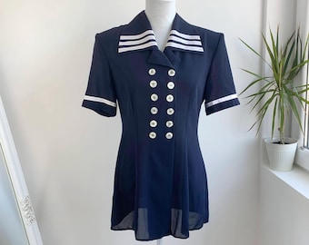 Vintage Navy Blue Sailor Blazer for Women Size M, Sheer Short Sleeve 40s Style Nautical Coat, Double Breasted Light Summer Marine Jacket