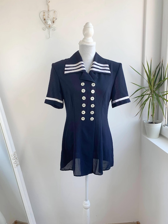 Vintage Navy Blue Sailor Blazer for Women Size M, Sheer Short Sleeve 40s Style Nautical Coat, Double Breasted Light Summer Marine Jacket