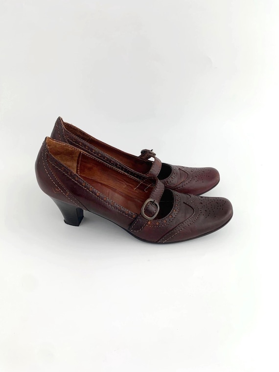 Vintage Brown Marry Jane Shoes EUR 39 UK 5.5 US 8, High Heel Loafer Pumps, 90s Y2K Square Toe Slip Ons, Wingtip Spectator Real Leather Mules