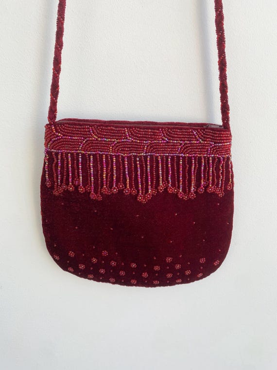 Vintage Beaded Velvet Crossbody Bag, Wine Red Evening Purse with Beadwork Fringe, 90s Y2K Glam Cocktail Party Handbag, Slim Shoulder Strap