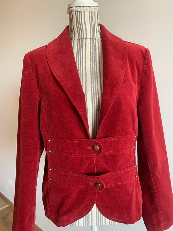 Vintage 90s Red Cotton Velvet Blazer for Women Si… - image 2