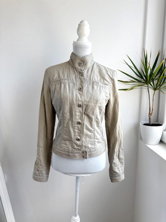 Vintage Mexx Linen Jacket Women's Size S, Natural Beige Summer Utility Blazer, Neutral Cargo Safari Crop Coat Light Academic Outerwear