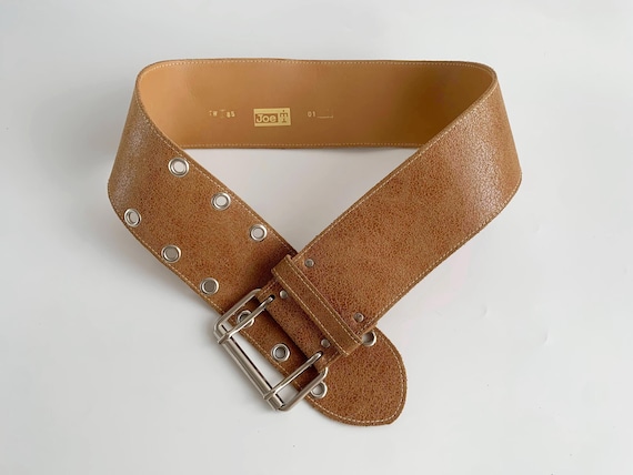 Vintage Wide Camel Brown Suede Belt for Women 85 cm 34 ", Chunky Double Prong Waist Belt, Boho Grommet Cinch Belt, Y2K Cracked Leather Belt