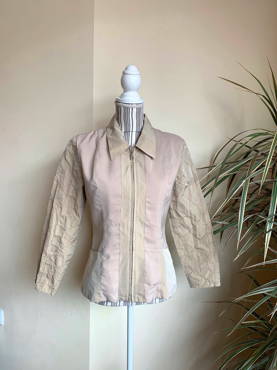 Vintage 90s Lightweight Zip Up Nude Blazer for Women Size 38 M, Spring Summer Thin Fitted Jacket, Textured Business Office Beige Suit Coat