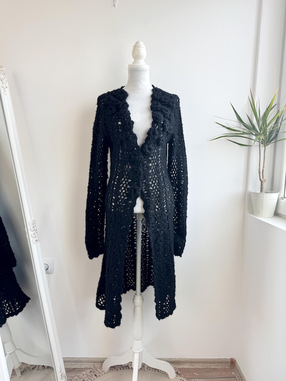 Vintage Twin-Set Simona Barbieri Black Mohair Wool Long Cardigan Coat Size M, Italian Designer 3D Floral Crochet Rose Open Front Knit Duster