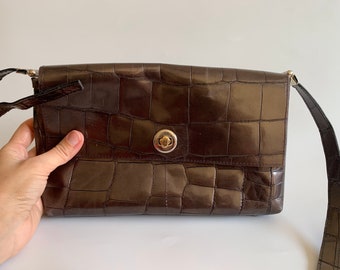 Small Metallic Handbag, Vintage Baguette Bag, Brown Grey Shiny Genuine Leather Bag, Patent Leather Shoulder Purse, Mock Croc Satchel Bag