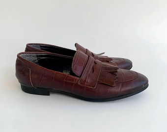 Vintage 90s Fringed Leather Loafers for Women Size EUR 38.5/39 UK 5.5 US 8, Low Heel Penny Loafers, Brown Spectator Moccasins, Oxford Shoes