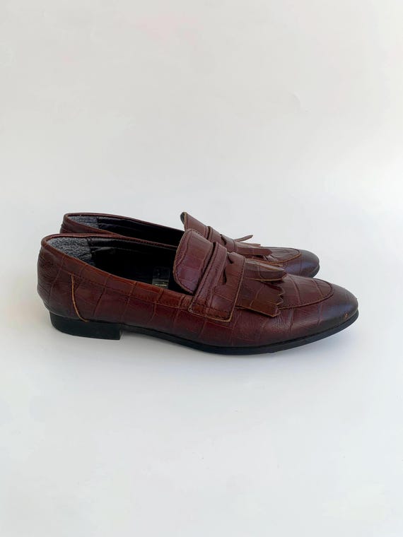 Vintage 90s Fringed Leather Loafers for Women Size EUR 38.5/39 UK 5.5 US 8, Low Heel Penny Loafers, Brown Spectator Moccasins, Oxford Shoes