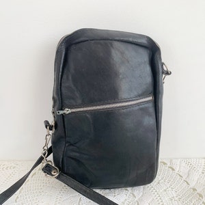 Borsa per telefono vintage in vera pelle anni '80, piccola borsa in pelle nera, organizer da viaggio per uomo, portafoglio con cerniera, mini borsa per documenti unisex