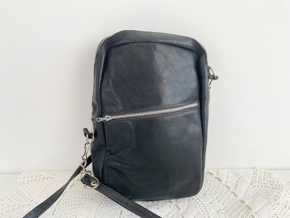 Vintage 80s Genuine Leather Phone Bag, Small Black Leather Bag, Men’s Travel Organizer, Zipper Clutch Wallet, Unisex Mini Document Handbag