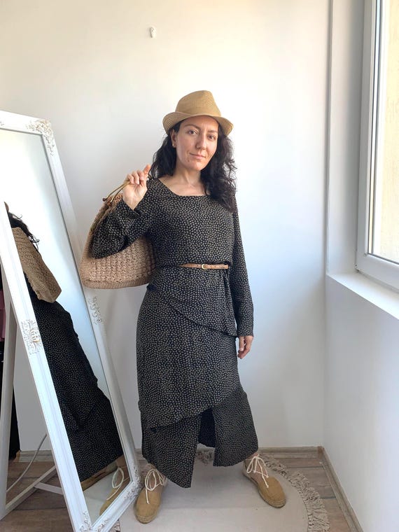 Vintage 90s Ditsy Floral Maxi Dress Size S, Black Camel Long Sleeve Dress, Ankle Long Asymmetrical Layered Dress, Front and Back Slit Dress