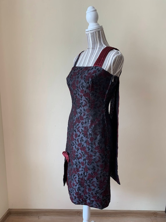 Grey Red Sheath Dress, Vintage Prom Dress, Square Neck Sleeveless Fitted Pencil Dress, Formal Cocktail Dress, Elegant Wedding Guest Dress