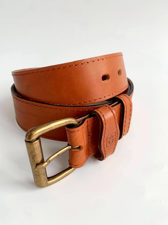 Vintage Mailman Brown Leather Belt, Unisex Wide Leather Belt, Rectangular Gold Buckle Post Horn Waist Belt, Full Grain Mens Leather Belt