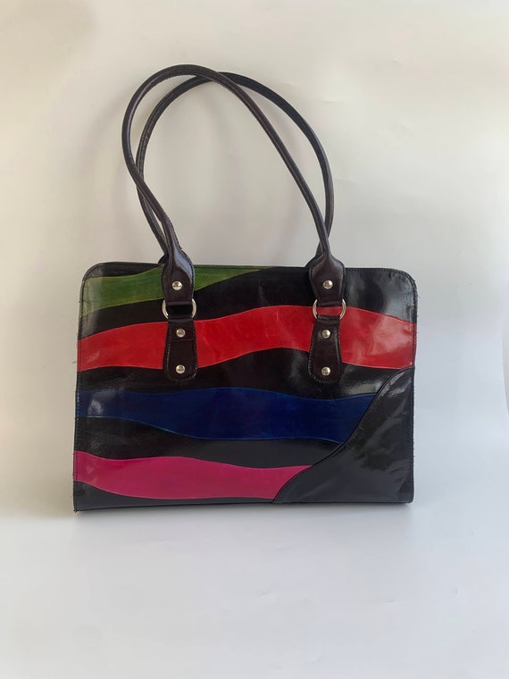 Vintage 90s Patent Leather Purse, Colorful Zip Up Tote Bag, Large Statement Handbag, Shiny Color Block Top Handle Bag, Unique Leather Purse