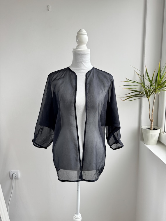 Black Sheer Organza Jacket, Open Front Oversized Kimono Cardigan, 90s Sheer Layer Top, Vintage Mesh Cover Up, Transparent Evening Wear Women