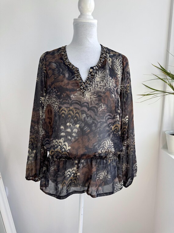 Vintage Embellished Feather Print Blouse, Jeweled V Neck Sheer Top, Beaded Boho Party Blouse, Y2K Going Out Top Womens Size EU 36 S Small