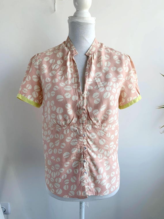 Vintage Y2K Noa Noa Pale Pink & Beige Button Up Shirt Size M, Romantic Cottagecore Abstract Short Sleeve Blouse, Retro Summer Bohemian Top