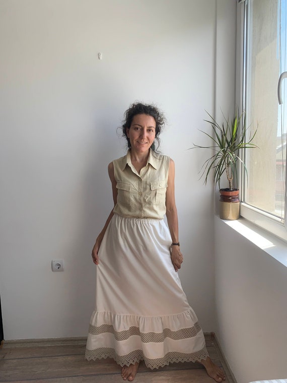 Jupon long beige cheville vintage taille 40 m jupon en dentelle au crochet 1 couche jupe longue dirndl d ete taille elastique jupe folklorique boheme Etsy France