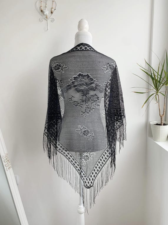Vintage Black Lace Shawl, Rose Pattern Mesh Shawl, Sheer Fringe Scarf, Spanish Style Shawl, Gothic Lace Wrap, Evening Art Deco Witchy Shawl