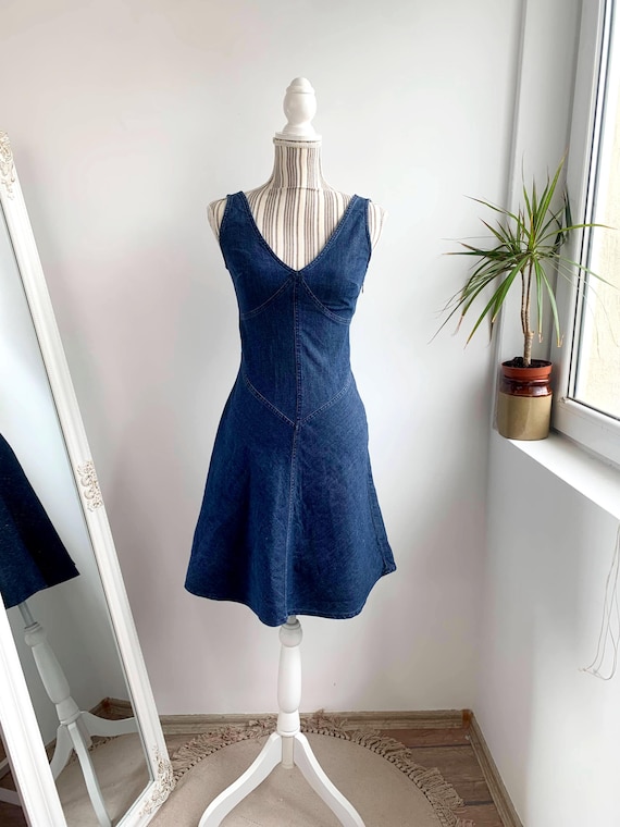 Vintage Denim Summer Dress for Women Size XS, Slim Fit Denim Mini Dress, Fit and Flare Blue Jean Y2K Dress, V Neck Sleeveless Cotton Dress